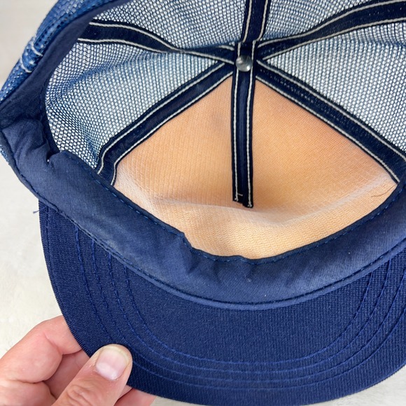 Vintage Trucker Cap Hat White Blue Mesh Back Snapback Stevens Point WI - Picture 11 of 13